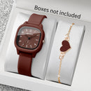 Fashion Arabic Dial Women Quartz Watch Heart Bracelet Set Square Silicone Strap Wristwatches
