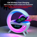 Smart G-Shaped LED Lamp with 15W Wireless Charger, Bluetooth Speaker, Digital Alarm Clock & RGB Night Light | Multifunction Bedside Table Lamp for Bedroom, Office & Study