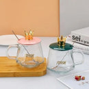 ✨Luxury Golden Crown Glass Mug with Handle & Stainless Steel Spoon – Elegant Tea & Coffee Cup for Home and Office